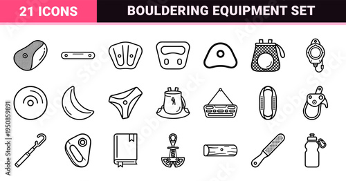 Bouldering and Indoor Climbing Equipment Monoline Icons Featuring Technical Holds Gear and Safety Tools in a Minimalist Vector Aesthetic