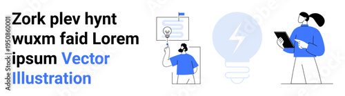 Business solutions, innovation, teamwork, creative process, digital learning, project management. Two characters presenting ideas with a light bulb illustration. Business solutions and innovation