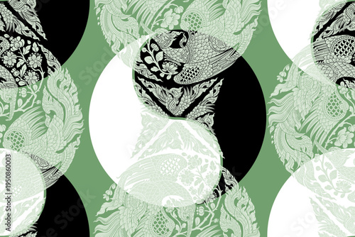  Yin Yang swan Thai painting seamless damask pattern motif suitable for wallpaper, cloth, carpet, curtain, textile, tile and fabric design isolated illustration vector.