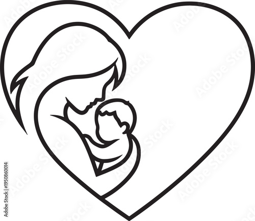 Minimalist line art illustration of a mother tenderly holding her baby, framed within a heart shape for a symbol of pure love.