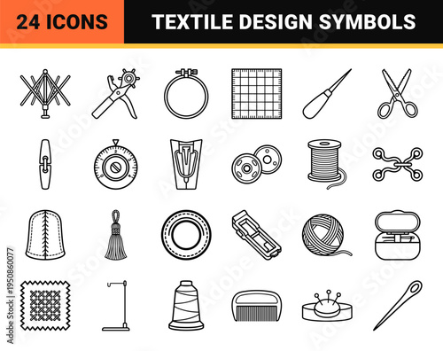 Professional Textile Manufacturing Monoline Outline Symbols Featuring Sewing Thread Cones and Tailoring Tools Visual DNA