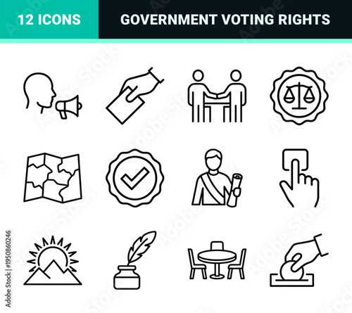 Monoline Civic Governance and Democracy Iconography featuring Minimalist Outline Symbols for Voting, Legal Justice, and Human Rights