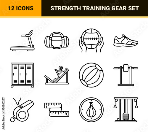 Professional Fitness and Bodybuilding Monoline Outline Symbols for Gym Apps and Strength Training Branding Featuring Minimalist Vector Geometry