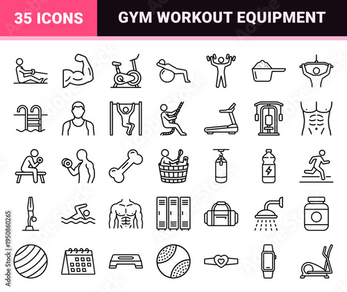Gymnastic Fitness and Bodybuilding Monoline Outline Icons featuring Weightlifting Equipment, Cardio Machines, and Workout Nutrition Symbols