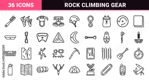 Professional Rock Climbing and Alpinism Monoline Icons featuring Sleek Outlines for Technical Sports Graphics and Mountaineering Safety Gear