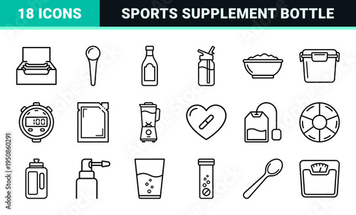 Gym Nutrition and Sports Supplement Outline Symbols featuring Minimalist Protein Shaker and Vitamin Bottle Technical Monoline Aesthetic