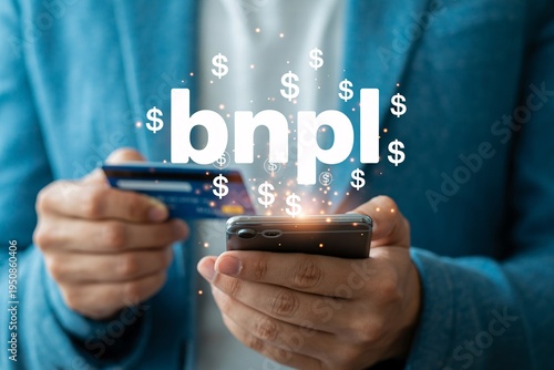 Person using smartphone for online banking and digital payment with credit card buy now pay later concept