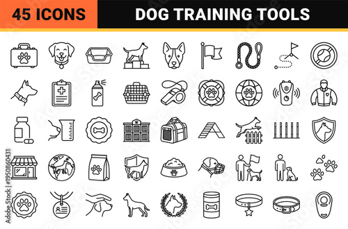 Professional Dog Handling and Canine Training Equipment Technical Monoline Icons for Pet Services and Agility Sports Branding
