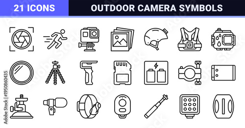 Action Photography Equipment and Adventure Camera Accessories Monoline Symbols for Technical UI Design and Extreme Sports Media Applications