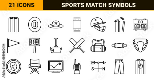 Professional Cricket Equipment Monoline Outlines for Sports Analytics and Coaching Apps featuring Minimalist Technical Line Art Aesthetics