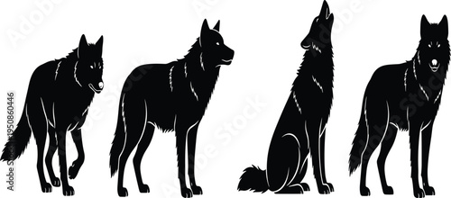 Set of Wild Wolf Silhouette Icons, Howling and Standing Forest Predator Vectors, Gray Wolf Animal Shapes for Nature Branding Designs,