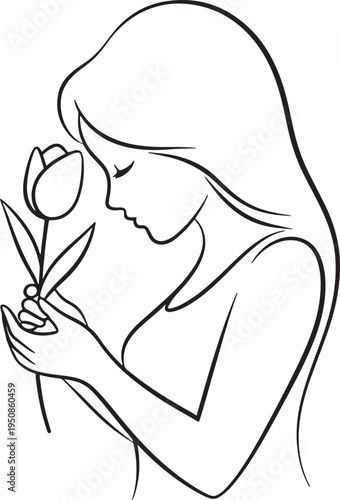 Woman smelling a tulip flower, serene moment of beauty and contemplation, elegant line art profile illustration