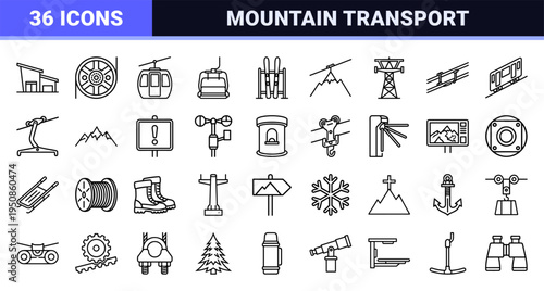 Mountain Cable Car and Alpine Transport Monoline Outline Symbols Featuring Gondolas, Ski Lifts, and Peak Infrastructure in 1.25pt Line Weight.