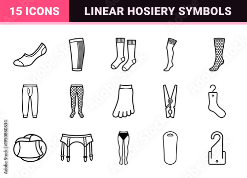 Monoline Hosiery and Footwear Accessories Icon Set Featuring Minimalist Crew Socks and Stocking Outlines for Technical Apparel Design
