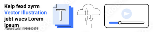 Cloud storage, data synchronization, media streaming, content sharing, digital services, online tools. Minimalist icons documents, cloud upload and video player. Cloud storage and media streaming