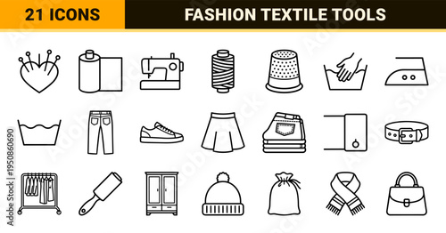 Professional Apparel Care and Textile Manufacturing Line Icons Featuring Minimalist Monoline Garments Tailoring Tools and Laundry Symbols