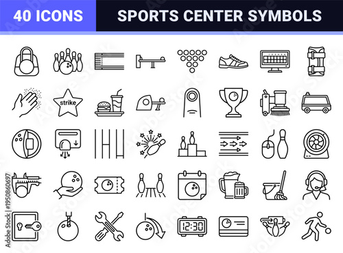 Ten-pin Bowling Alley and Tournament Equipment Monoline Icon Set featuring Minimalist Vector Outlines for Sports Centers and Leisure Activity.