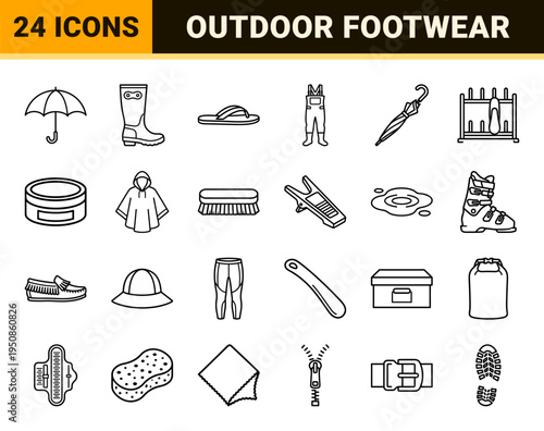 Outdoor Footwear and Weather Gear Monoline Symbols featuring Technical Line Art for Apparel Retail and Rain Protection Utility Signage.