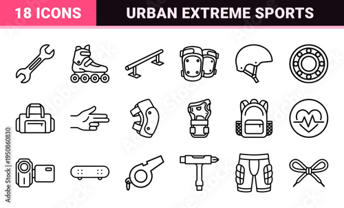 Extreme Sports and Urban Skating Technical Monoline Outline Symbols Featuring Inline Skates Protective Gear and Skatepark Elements