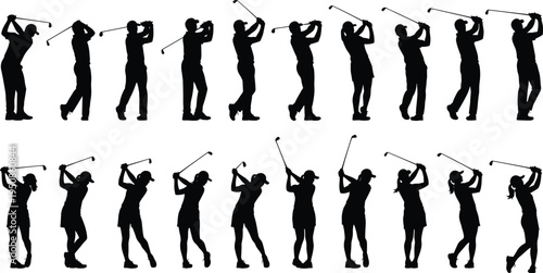 Silhouette illustration of male and female golfers performing different golf swing poses, perfect for sports design, athletic movement studies, training concepts, and outdoor activity artwork