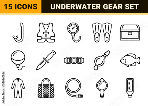Marine Exploration Monoline Symbols for Scuba Diving Technical Equipment and Underwater Safety Procedures Minimalist Vector Graphic Resources