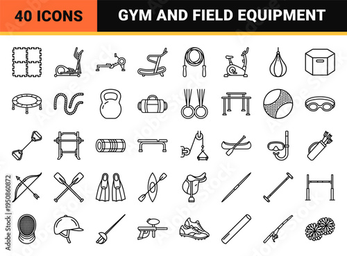 Professional Sports Equipment Line Art Symbols featuring Workout Gear, Athletics, and Fitness Machinery in Technical Monoline Style