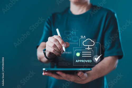 Business professional approving digital contract workflow with SLA cloud service agreement and document approval system