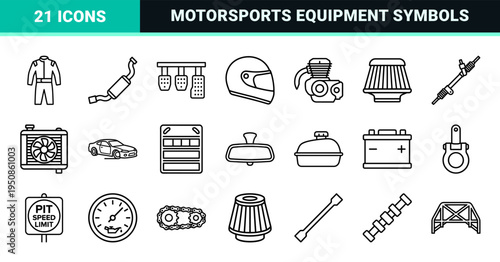 Motorsports Competition Technical Monoline Symbols for Racing Interface and Pit Crew Equipment Design. High-Clarity Minimalism.
