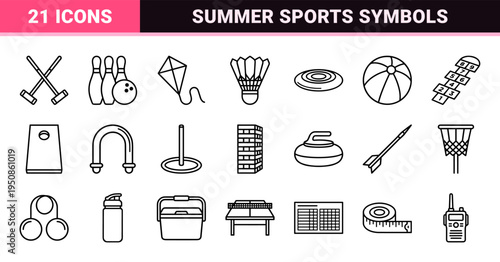 Outdoor Recreational Games and Garden Sports Monoline Symbols; Professional Minimalist Line Art for Summer Activities and Field Athletics.