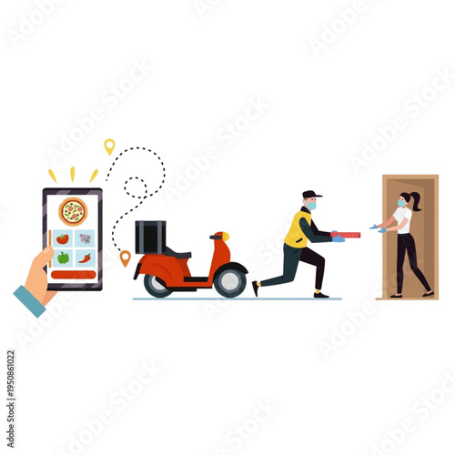 Online Food Delivery Service Illustration with Mobile App, Scooter Courier Delivering Pizza to Customer
