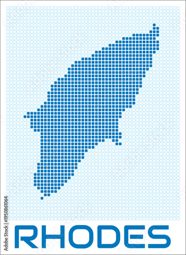 Rhodes digital style map with blue rounded rectangle dots. Greece. Dotted shape of the island. Rhodes blue colored map and title on white background. Stylish Vector Illustration.