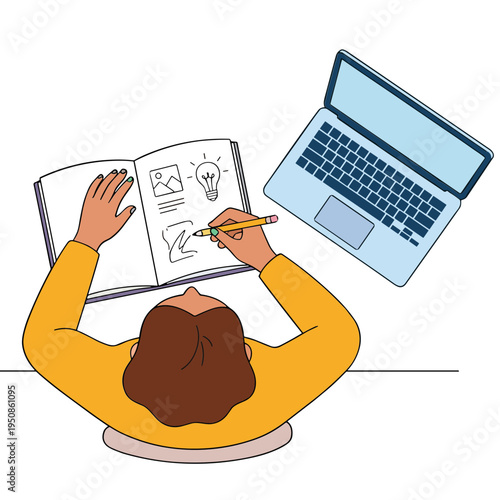 A woman sits at a desk studying with a laptop and notebook in front of her.