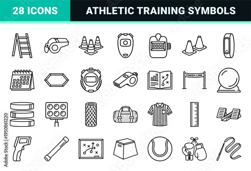 Athletic Training and Performance Tracking Monoline Symbols for Sports Coaching, Fitness Analytics, and Professional Gym Equipment Management