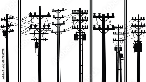 Silhouette illustration of multiple electric utility poles with transformers and power lines, detailed power distribution infrastructure design for energy industry concepts