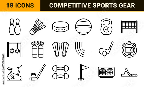 Competitive Sports and Athletic Training Equipment Monoline Outline Symbols for Digital Interface Design and Fitness Application Wayfinding