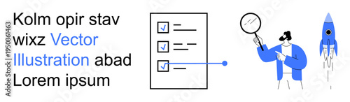 Productivity, innovation, research, task management, project planning, goal setting. A checklist, a scientist examining with a magnifier and a rocket launch. Productivity and innovation concept