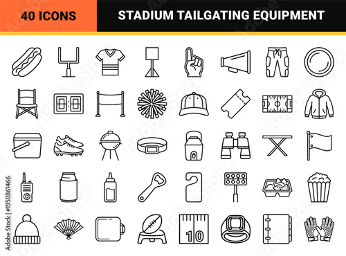 American Football Fan Culture Minimalist Monoline Symbols Featuring Stadium Equipment Game Day Food and Professional Tailgating Gear