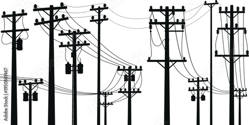 Silhouette illustration of multiple electrical utility poles with power lines, transformers and distribution equipment representing complex energy grid infrastructure and electrical network system