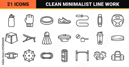 Minimalist Monoline Fitness Equipment Symbols for Interface Design Featuring Sophisticated Black Outlines and Technical Vector Precision Aesthetic