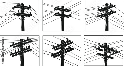 Silhouette illustration of multiple utility poles with electric power lines, detailed vintage telegraph pole artwork for industrial energy infrastructure themes