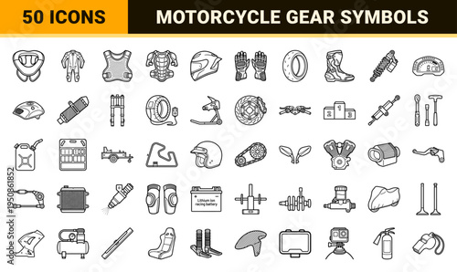 Motorcycle Racing Equipment and Safety Gear Monoline Outline Symbols for Technical Design and Motorsport Branding Applications