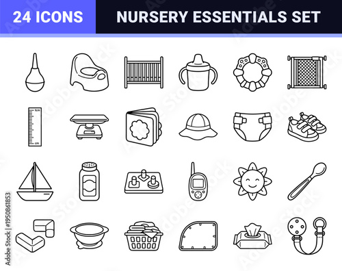 Infant Care and Nursery Essentials Line Art Symbols for Pediatric Healthcare and Parenting Applications featuring Minimalist Monoline Aesthetic