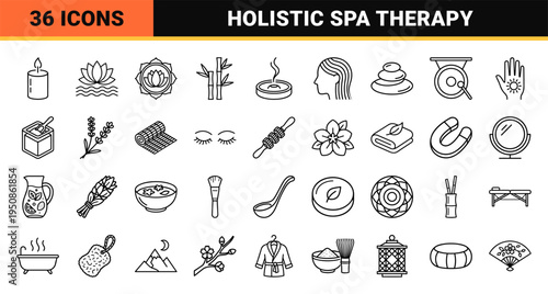 Holistic Zen Wellness and Spa Therapy Monoline Symbols featuring Minimalist Aesthetic Outlines for Mindful Branding and Mental Health Apps