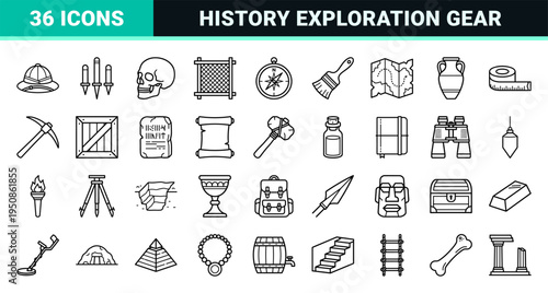 Archaeology and Treasure Hunting Visual Symbols. Refined 1.25pt Monoline Icons Representing Historical Exploration and Discovery Artifacts.