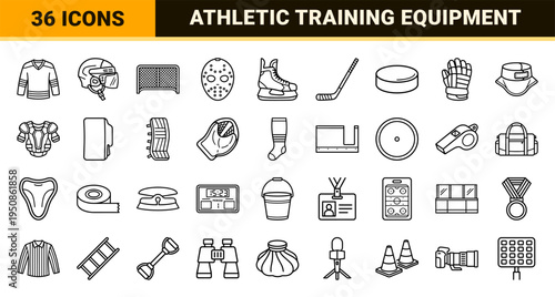 Ice Hockey Equipment and Winter Sports Competition Neo-Line Symbols for Athletic Training Apps and Tournament Wayfinding Systems