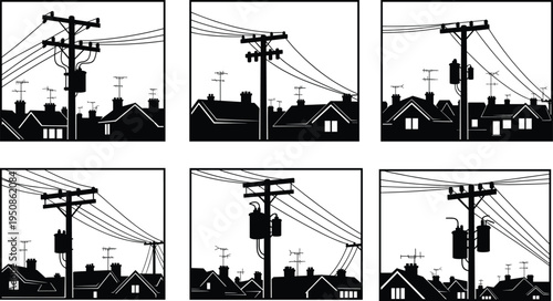 Silhouette illustration of residential neighborhood rooftops with utility poles, power lines, transformers, and communication antennas creating urban electrical infrastructure scene