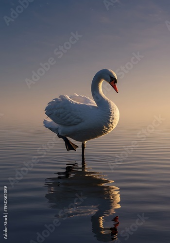 White swan standing on water with reflection at sunset animal background animal poster background for poster