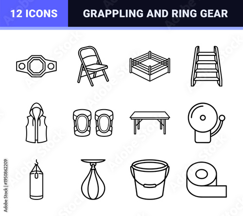 Professional Wrestling Technical Monoline Symbols featuring Ring Equipment Combat Maneuvers and Championship Gear in Minimalist Black Outlines