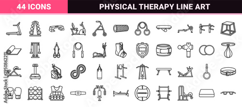 Technical Monoline Fitness Equipment Symbols featuring Specialized Rehabilitation Gear and Gym Machinery in Sophisticated Minimalist Outline.
