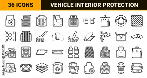 Automotive Interior Protection Monoline Outline Symbols Featuring Custom Car Mats Trunk Liners and All-Weather Rubber Floor Guards